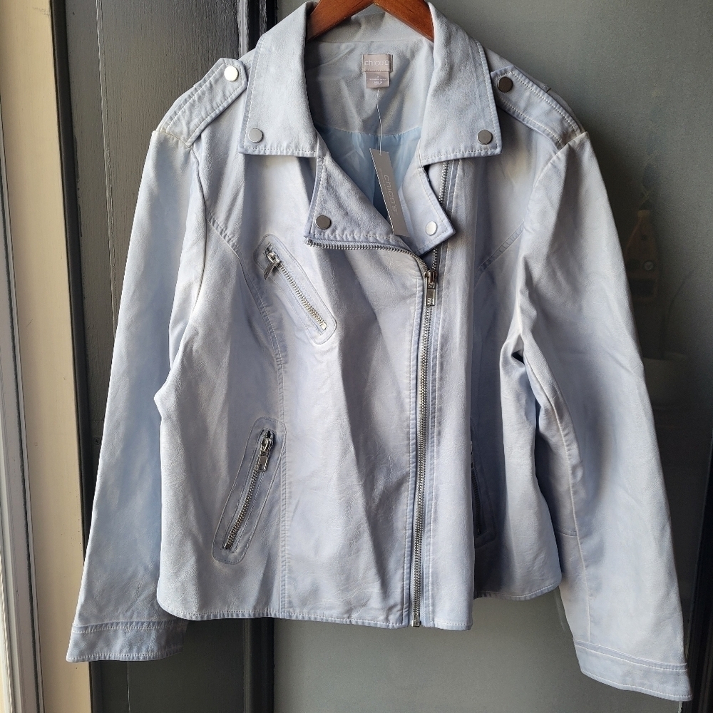 Chico's Jacket 3 Light Blue Faux Leather Zip Cafe Racer Motorcycle Biker Women 3 - Picture 2 of 12